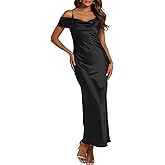 Satin Off The Shoulder Backless Maxi Dresses for Women Elegant Silk Spaghetti Strap Cowl Neck Formal Wedding Guest Dress