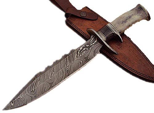 Nescole 14 inch Bowie Knife- Handmade Damascus Knife- Decorative Knives, Camping Survival Knife, and Hunting Knife with Beautiful Camel Bone Handle, 9 inch Sharp Blade with Leather Sheath