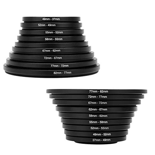 Coersd 9pcs 37-49-52-55-58-62-67-72-77-82 mm Lens Step Up Filter Ring Set Kit as Hood Holder