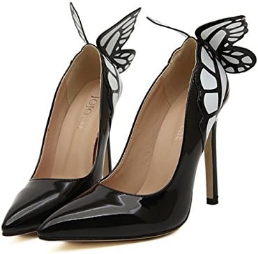 YINHAN Women's Butterfly Wings Shallow Mouth Pointed Stiletto Shoes Black 37