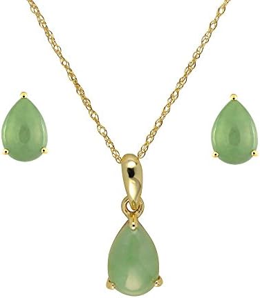 Women's 9ct Yellow Gold Jade Tear Drop Earring and Pendant Set of Length 46 cm