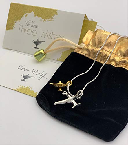Smiling Wisdom You Have Wishes Magic Genie Fortune Teller Aladdin  Lamp Necklace Gift Set Pendants (1 Silver, Gold) for Children, Tween, 