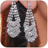 Octwine Boho Women Rhinestone Earrings Silver Sparkly Rhinestone Chandelier Dangle Drop Tassel Earrings Statement Earrings Teardrop Dangle Earrings for Women