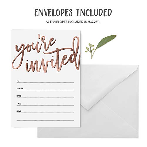 25 Rose Gold You're Invited Fill-In Party Invitations and Envelopes, Faux Rose Gold Texture, For Bridal Shower, Rehearsal Dinner, Birthday Party, Anniversary, Graduation - Thumbnail 4