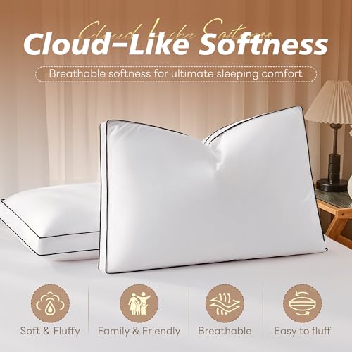 Mosluna Goose Feather Down Pillows King Size Set of 2, Hotel Collection Bed Pillows for Sleeping, Down Surrounded Gusseted Bed Pillow 2 Pack, Soft Fluffy for Side Back Sleepers 20x36 in.