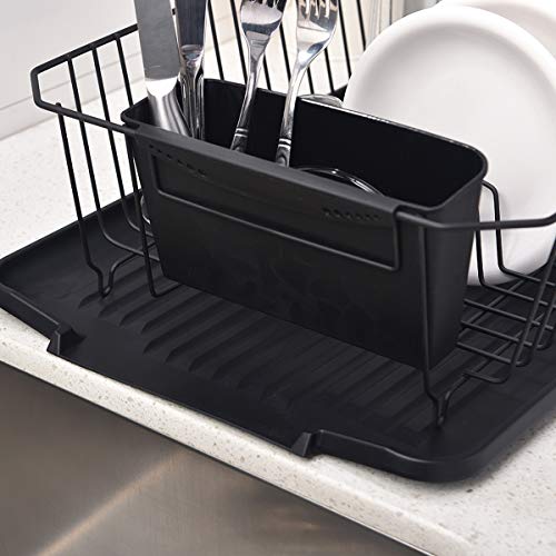 ENGELCH Matte Black Rust-Proof Kitchen Draining Dish Drying Rack, Dish Rack With Black Drain Board, 1 Wide Tableware Rack and Knife Holder Accessory
