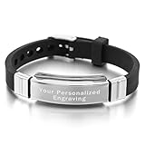 MeMeDIY Silver Tone Black Stainless Steel Rubber Bracelet Bangle - Customized Engraving