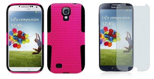 Samsung Galaxy S4 - Accessory Kit - Hot Pink / Black Perforated Net Case + Atom LED Keychain Light + Screen Protector