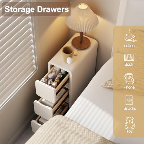 AQIMUELE Narrow Bedside Table with 3 Drawers, No Installation, Leather Surface, Bedside Table for Bedroom Living Room, Width 20cm (White)