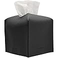 Tissue Box Cover Holder, Square with Bottom Belt by Carrot's Den - PU Leather Decorative Organizer for Tabletop, Bathroom, Car, Office | Black
