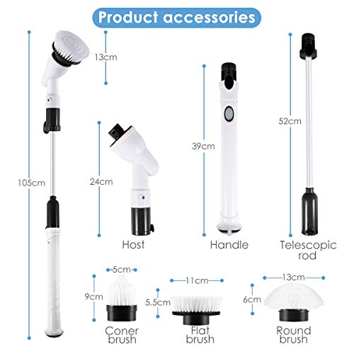 Electric Spin Scrubber, 360 Cordless Rechargeable Tub and Tile Scrubber with 3 Replaceable Cleaning Brush Heads, Extension Handle and Adapter for Bathroom, Kitchen, Floor