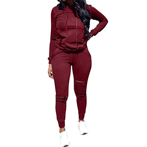 Women's 2 Piece Outfits - Ripped Hole Pullover Hoodies Sweatpants Sports Tracksuit Jumpsuit Set Plus Size