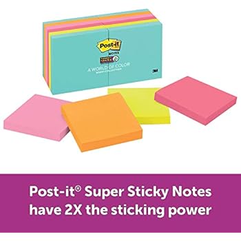 Post-it Super Sticky Notes, Blue, Pink, Green, Orange, Sticks and Resticks, Great for Windows, Doors and Walls, 3 in. x 3 in, 12 Pads/Pack, 90 Sheets/Pad (654-12SSMIA)
