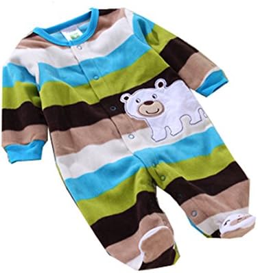 KM Newborn Baby Bear Pattern Coveralls Long-Sleeved Fleece Romper Green Stripes (52cm)