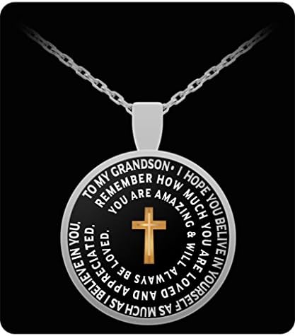 Grandson Necklace - Inspirational Pendant Charm From Grandpa and Grandma - Cross Silver