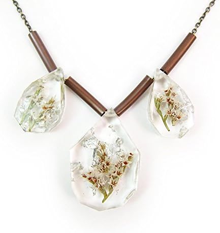 Tiny Flower and Silver Leaf Trio Necklace • Flowers in Resin Necklace • Eco Resin Silver Leaf Botanical Jewelry • Nature Resin Specimen