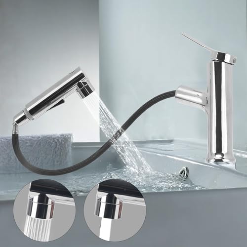 VirtuGro Bathroom Sink Faucet with Pull-Out Hand Shower 3 Modes Single Lever Hot and Cold Mixer Tap Aerator Shower for Sink (Silver)