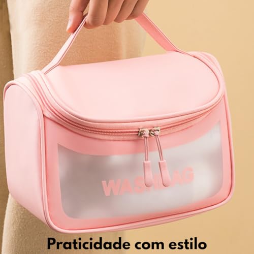 Necessaire Feminina Transparente Viagem Bolsa Ideal para Cosméticos Maquiagem Higiene Pessoal Fechamento com Zíper Fácil Acesso Design Moderno Funcional Impermeável (Rosa)