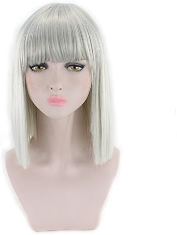Leyee Women Short Straight Bob Wigs with Neat Bangs Silky Synthetic Hair Cosplay Party Costume Wigs (Silver)