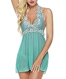 Bluetime Womens Sexy Halter Babydoll Sleepwear Dress Lace Lingerie G-string Set (L, Green)
