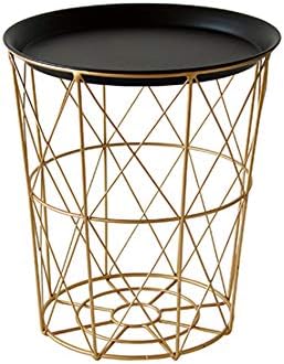 JZFUKSP Nordic Round Wrought Iron end Table - Sofa Side End Table with Metal Tary and Storage Basket Base for Home, Bedroom, Living Room and Patio, Black