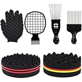 Hair Sponge Set,Magic Curl Glove,Afro Brush, Metal Pick Comb, and Twist Comb for Hairstyling (Black-6Pcs)