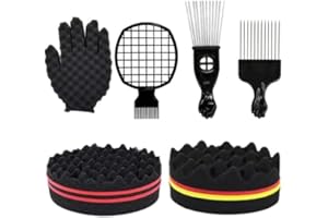 Hair Sponge Set,Magic Curl Glove,Afro Brush, Metal Pick Comb, and Twist Comb for Hairstyling (Black-6Pcs)
