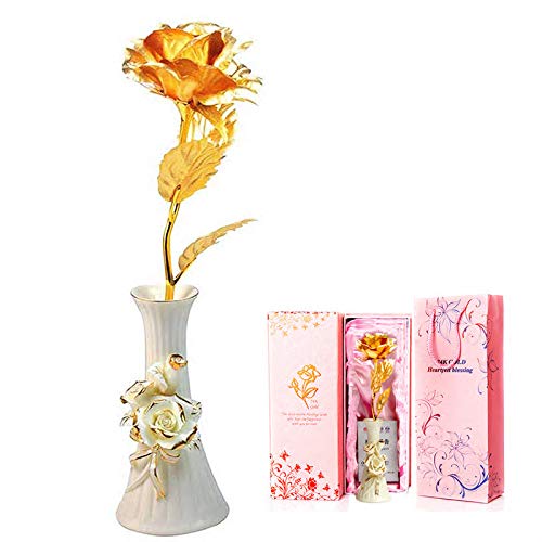 StyleC 24k Gold Rose with a decorative Ceramic Rose Vase Handcrafted Gift Box- Best Gift for Valentine's Day, Mother's Day, Christmas, Birthday, Wedding