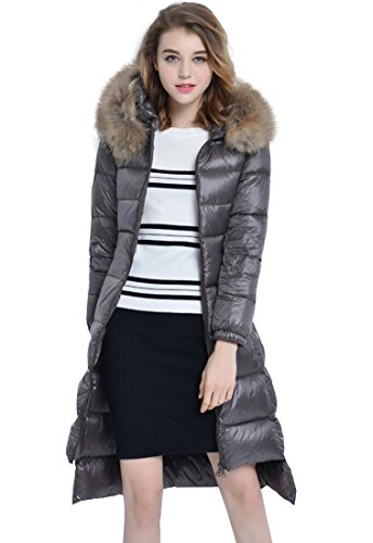 Women's Lightweight Hooded Fur-trimmed Down Parkas Gray L (Tag)