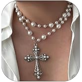 Gothic Cross Necklace for Women Exaggerate Big Pearl Beaded Cross Statement Necklaces Sparkling Crystal Choker Punk Chunky Statement Jewelry