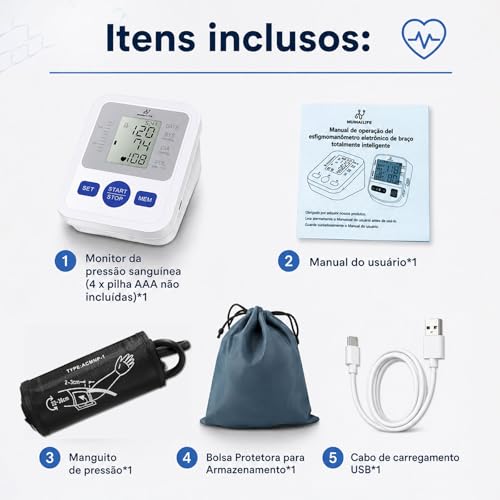Tensiómetro de brazo MUINAIFTE, tensiómetro digital con pantalla, medición automática y precisa de la presión arterial, múltiples modos de medición