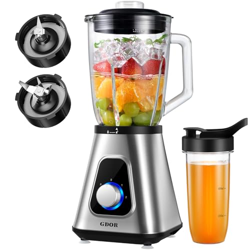 GDOR 1200 W Stand Mixer Glass 2-1 Mixer Smoothie Maker with 1.5 L Glass Jug and 650 ml Travel Mug 3 Speeds High Performance Mixer Professional Blender for Smoothies Shakes, Frozen Drinks Sauces