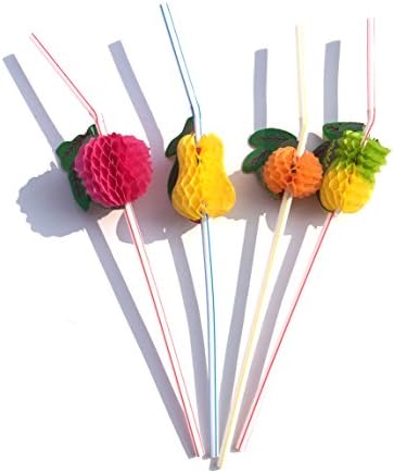 LITTLE FEATHER 24 3D Fruit Honeycomb Straws Hawaiian Luau Party Table Decor Colorful Fruit Juice Cocktail Drink Straw