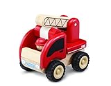 Wonderworld Miniature Wooden Fire Engine Vehicle Push Toy -  Movable Ladder, Driver Included, Real Rubber Tires