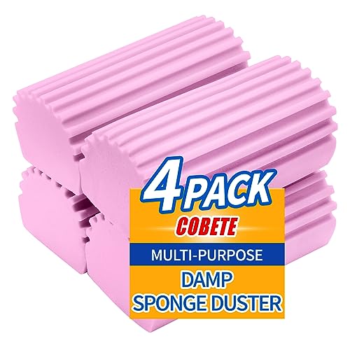 COBETE Damp Clean Duster Sponge,4pack Magic Sponge Eraser,Reusable Damp Dusting Sponge Household Cleaning for Blinds, Glass, Baseboards,Radiators,Window Track Grooves(Pink)