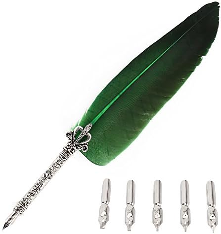 Enjoygous Vintage Turkey Feather Dip Fountain Pen Quill Oblique Pens Set With 5PCS Nib