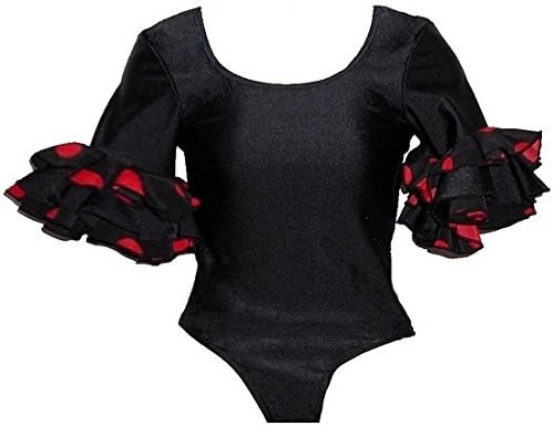 La Señorita Spanish Flamenco leotard black red dots dance Children 3/4 Frill Sleeve Girls