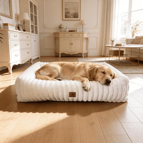 CareCooo XL Rectangular Cream Wavy Texture Dog Bed - Fluffy Cotton Filled Bed, Raised Edges, Removable Washable Cover, Non-Slip