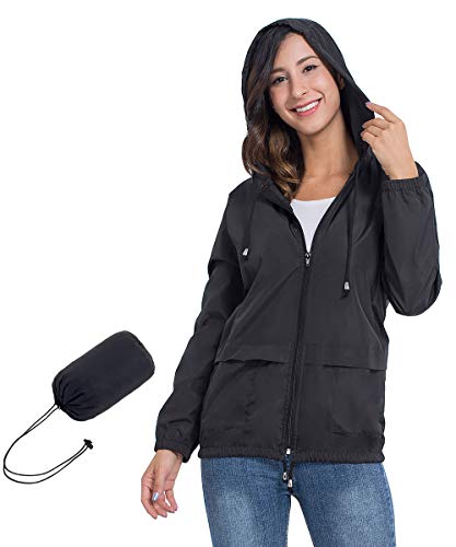 JTANIB Women's Lightweight Packable Waterproof Hooded Rain Jacket S-XXL Black - Thumbnail 7