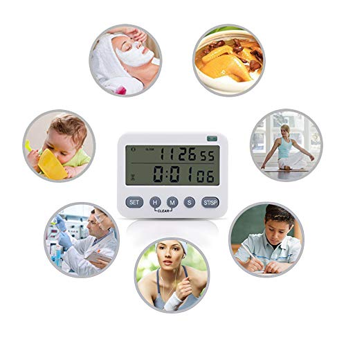 Digital Kitchen Timer, 100H Count UP/Down Cooking Timer, Large Display, Vibration/Flashlight/Loud Alarm, 24-Hour Clock & Alarm Clock, Magnetic Backing, Stand, for Cooking Baking Sports Games Office