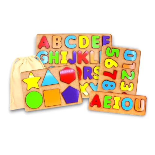 Kit Brinquedos Educativos Madeira MDF | 4 em 1 | Alfabeto, Números, Vogais e Formas | Didático e Seguro