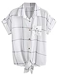 ROMWE Women's Grid Shirt Knot Front Roll Sleeve Blouse White (One size)