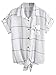 ROMWE Women's Grid Shirt Knot Front Roll Sleeve Blouse White (One size)