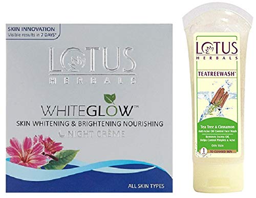Lotus Herbals White Glow Skin Whitening and Brightening Nourishing Night Crème | 60g And Lotus Herbals Teatreewash Tea Tree and Cinnamon Anti-Acne Oil Control Face Wash, 1 count (Pack of 1)