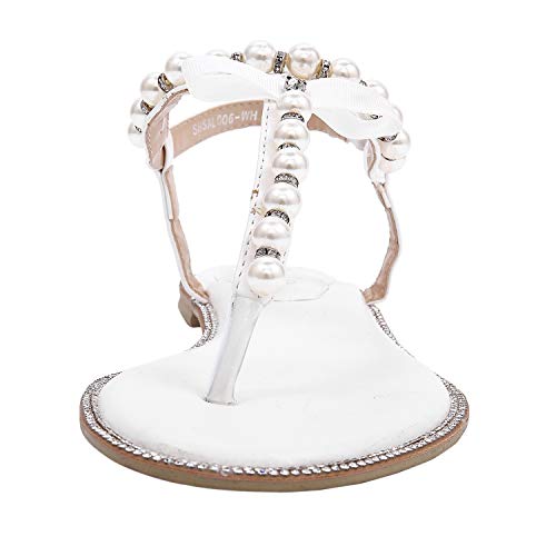 SheSole-Womens-Pearl-T-Strap-Bridal-White-Flat-Sandals-Beach-Wedding-Shoes