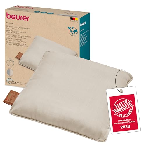 Beurer MG 139 - Cuscino massaggiante a batteria con funzione di calore,senza fili Shiatsu,calore commutabile,realizzato in materiale riciclato,lavabile in lavatrice,spegnimento automatico, 40 x 40 cm