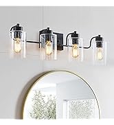XPEHK Vanity Lights for Bathroom,4-Light Black Bathroom Light Fixtures with Seeded Glass Shades M...