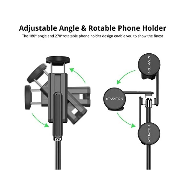ATUMTEK Bluetooth Selfie-Stick Stativ, 3 in 1 Aluminium Selfie Stange, 360° Drehbar, mit Kabelloser Fernbedienung für iPhone 16/15/14/13/12 mini/11 Pro/XS Max/XR/X/8/7, Samsung, Smartphones Schwarz – Bild 4