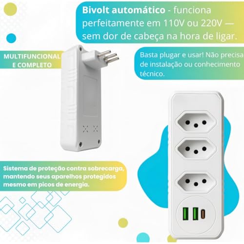 Extensão Tomada,Régua Tomadas, Régua de Energia,Adaptador Tomadaa,Filtro de Linha,Adptador, 3 Tomadas,2 Interfaces USB,1 Porta USB Tipo-C - Qualidade Super Premium
