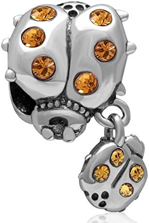 Charmstar Sparkling Crystals Mother Ladybug with Dangling Smaller Baby Ladybug Charm Authentic Sterling Silver Birthstone Animal Bead for European Bracelet (Topaz Color)